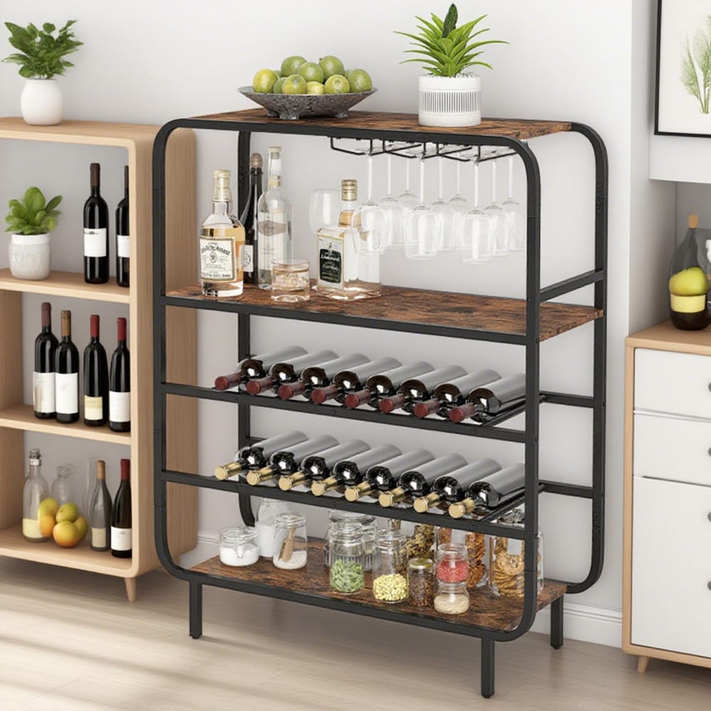 16 Bottle Wine Rack With 5-Tier Wine Shelf And Glass Holders For Kitchen Bar_voghion.com